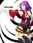  adapted_costume breasts cleavage detached_sleeves hair_ornament hand_on_own_chest km_(artist) open_mouth outstretched_arm purple_hair red_eyes shimenawa short_hair simple_background skirt sode solo touhou yasaka_kanako 