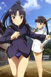  absurdres black_hair brown_eyes cloud eyepatch hand_on_hip hattori_shizuka highres hips legs long_hair multiple_girls official_art ponytail sakamoto_mio shinai sky strike_witches swimsuit swimsuit_under_clothes swimsuit_under_uniform sword tamura_masafumi weapon 