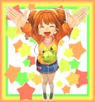  :d arms_up border closed_eyes eyes_closed foreshortening hands hitoto idolmaster kneehighs looking_at_viewer open_mouth orange_hair outstretched_arms perspective scrunchie skirt smile solo star takatsuki_yayoi twintails white_legwear 