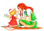  acrylic_paint_(medium) blonde_hair braid brush child chinese_clothes colored_pencil_(medium) drawing face_painting flandre_scarlet grin hong_meiling kneeling long_hair mixed_media multiple_girls no_hat no_headwear paint profile red_hair short_hair side_slit sitting smile terajin the_embodiment_of_scarlet_devil touhou traditional_media twin_braids wings 