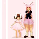  2girls animal_ears brown_hair carrot inaba_tewi ishikkoro long_hair looking_at_viewer multiple_girls necktie purple_hair rabbit_ears red_eyes reisen_udongein_inaba short_hair skirt smile touhou very_long_hair 