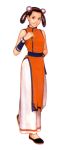  baggy_pants bare_shoulders bell braid brown_hair china_dress chinese_clothes fatal_fury hair_bell hair_ornament hair_rings king_of_fighters king_of_fighters_&#039;99 king_of_fighters_'99 king_of_fighters_99 li_xiangfei mori_toshiaki official_art sash shinkiro slippers smile snk solo twin_braids vambraces 