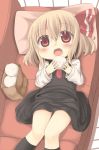  :d ascot bag black_dress blonde_hair blush chibi child couch dress eating fang food hair_bun hair_ribbon lying nami_(cassette) on_back open_mouth pillow red_eyes red_upholstery ribbon rumia shopping_bag short_hair solo the_embodiment_of_scarlet_devil touhou youkai 