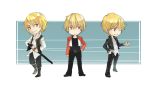  blonde_hair chibi chitoko_(krc2) crossover fate/stay_night fate_(series) gilgamesh jacket kaede_(last_blade) look-alike male mark_of_the_wolves multiple_boys red_eyes red_jacket rock_howard sheath sheathed short_hair snk vest wink 