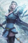  blonde_hair blue_eyes breasts cape cleavage crystal_maiden defence_of_the_ancients defense_of_the_ancients dota_2 dress fur_trim glowing highres hood large_breasts long_hair outstretched_arm rylai_crestfall snow solo staff stanley_lau thigh-highs thighhighs 