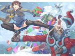  beard black_legwear blood blue_eyes broken broken_tooth brown_hair clenched_teeth coat facial_hair fingerless_gloves gift gloves hat highres itou_(onsoku_tassha) kicking motion_blur original panties santa_claus santa_costume santa_hat santa_suit school_uniform serafuku snow tennis_shoes thigh-highs thighhighs tooth underwear white_panties 