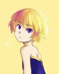  bare_shoulders blonde_hair bob_cut bust dress eirene_(oniro) english eyebrows highres looking_at_viewer oniro original pas_(paxiti) purple_eyes short_hair simple_background solo strapless_dress text violet_eyes yellow yellow_background 