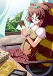  akashio_(loli_ace) animal_ears box brown_eyes brown_hair chair curtains forest futatsuiwa_mamizou glasses holding leaf leaf_on_head maple_leaf money nature open_mouth patterned pince-nez raccoon_ears raccoon_tail short_hair sitting skirt sky smile solo table tail touhou toyosatomimi_no_miko window wink wrist_cuffs 