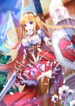  1girl blonde_hair blue_sky blurry breasts brown_legwear building cape cleavage depth_of_field dutch_angle flower greetload hair_ornament holding looking_at_viewer navel original petals shield sky solo swoed thigh-highs violet_eyes wind zettai_ryouiki 