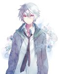  akise_aru hoodie inko_(mini) jacket male mirai_nikki necktie pink_eyes shirt short_hair silver_hair simple_background smile solo standing white_shirt 