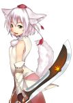  alternate_weapon animal_ears bare_shoulders bridal_gauntlets chain chains detached_sleeves fang hat inubashiri_momiji leaf leaves maple_leaf short_hair silver_hair simple_background solo sword tail tera_zip tokin_hat touhou weapon wolf_ears wolf_tail 