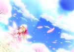 blonde_hair bloom bow cherry_blossoms closed_eyes cloud clouds dress dutch_angle eyes_closed fairy_wings flower hat lily_white natsumikan open_mouth outstretched_arms petals sky smile solo spread_arms spring_(season) sunbeam sunlight touhou wings 