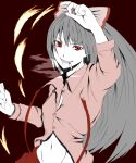  arm_up artist_request bad_id cigarette fire fujiwara_no_mokou grey_hair grin hair_ribbon hands hiruno long_hair long_sleeves navel open_clothes open_shirt pale_skin red red_eyes ribbon shirt simple_background smile smoke solo suspenders torn_clothes touhou 