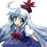  :d arms_behind_back blue_eyes blue_hair breasts geogeo hat kamishirasawa_keine large_breasts long_hair open_mouth smile solo touhou 