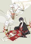  black_hair blonde_hair eyepatch flower gintama japanese_clothes kimono male shinsaku_takasugi sitting takasugi_shinsuke 