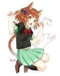  1girl animal_ears blush bow breasts brown_eyes brown_hair cat cat_ears cat_tail fang hataraku_maou-sama! kemonomimi_mode large_breasts open_mouth sasaki_chiho short_hair skirt smile solo tail udk 