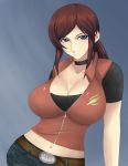  breasts brown_hair choker claire_redfield huge_breasts jeans large_breasts long_hair navel otogi_tetsurou resident_evil solo 