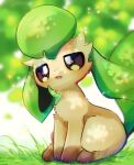  :&lt; animal_ears animal_focus bored brown_eyes evolutionary_line forked_tail fur grass highres ko_ko_k_o0 leafeon light_particles no_humans outdoors parted_lips pokemon pokemon_(creature) serious sitting tail 