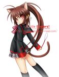  brown_hair cat_ears cat_tail cat_teaser cat_toy chibinon flat_chest kemonomimi_mode little_busters! little_busters!! loli long_hair looking_back natsume_rin plaid plaid_skirt ponytail red_eyes school_uniform skirt tail tartan 