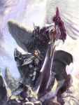  black_eyes blonde_hair cape cloud full_armor glowing glowing_eyes highres horns male sky standing sword weapon wings yahako 