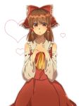  bad_id blush bow brown_eyes brown_hair detached_sleeves hair_bow hakurei_reimu hands_clasped hands_on_own_chest heart japanese_clothes miko red_eyes rinoko_(imoko) solo touhou 