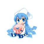  blue_hair blush bracelet chibi crustacean food hat ikamusume jewelry kanikama mini-ikamusume minigirl prehensile_hair shell shinryaku!_ikamusume shrimp solo 