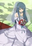  blue_eyes blue_hair bouquet bride dress flower happy kirishima_shouko long_hair red_rose rose solo tears vane veil wedding_dress white_rose 