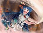  aw bad_id blue_hair blush embarrassed food fruit hat hinanawi_tenshi long_hair open_mouth peach red_eyes solo sword sword_of_hisou tears touhou very_long_hair weapon 