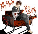  chair guitar headphones instrument male multicolored_hair ruka_(ff_lightning) shoes short_hair simple_background single_shoe solo 