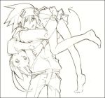 border brown carrying carrying_over_shoulder feet hand_on_ass headband katsura_miya legs lowres maka_albarn monochrome sketch smile soles soul_eater soul_eater_(character) upside-down 