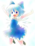  \o/ blue_eyes blue_hair blush bow cirno geshopu hair_bow happy jumping open_mouth outstretched_arms touhou wings 
