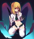  1boy ajiko_ajio beatmania beatmania_iidx blonde_hair finger_to_mouth full_body halo long_hair male midriff multiple_wings navel necktie rche_(beatmania) shorts smile solo star thigh-highs trap white_legwear wings zettai_ryouiki 