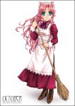  boots broom cat_ears glasses green_eyes long_hair maid original pink_hair solo standing takutaro 