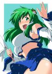  1girl breasts detached_sleeves frog green_eyes green_hair hair_ornament japanese_clothes kochiya_sanae long_hair panties shouji_2 snake solo touhou underboob underwear 