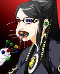  bayonetta bayonetta_(character) black_hair breasts candy douganebuibui earrings female glasses gloves jewelry lipstick lollipop long_hair mouth_full open_mouth ponytail pun saliva solo what 