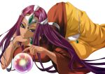  artist_request choker circlet crystal_ball dark_skin dragon_quest dragon_quest_iv dress jewelry kininaljaguar long_hair lying minea necklace purple_eyes purple_hair solo violet_eyes yellow_dress 