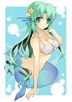  1girl cleavage green_eyes green_hair head_fins headfins long_hair mermaid monster_girl original seashell shell shell_bikini sitting solo yukiwo 