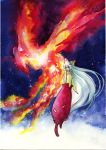  fire fujiwara_no_mokou hair_ribbon long_hair outstretched_arm outstretched_hand pants phoenix ribbon suspenders touhou traditional_media tsuru watercolor_(medium) 