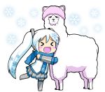  alpaca alternate_color blue_hair chibi hatsune_miku megurine_luka_(toeto) megurine_luka_(toeto)_(cosplay) nagian necktie patterned scarf skirt snowflakes thigh-highs thighhighs toeto_(vocaloid) twintails vocaloid yuki_miku 