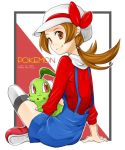  1girl brown_eyes brown_hair cabbie_hat chikorita crossed_legs hat hat_ribbon indian_style kotone_(pokemon) midori_maccha overalls pokemon pokemon_(creature) pokemon_(game) pokemon_gsc pokemon_heartgold_and_soulsilver red_ribbon ribbon short_twintails sitting smile thighhighs twintails 
