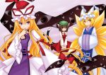  aoilio blonde_hair brown_hair cat_ears cat_tail chen cleavage_cutout earrings eyes fox_tail gap hands_in_sleeves hat jewelry long_hair multiple_tails purple_eyes short_hair tail touhou violet_eyes yakumo_ran yakumo_yukari yellow_eyes 