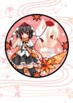  adjusting_hair animal_ears aoilio black_hair black_legwear blush circle detached_sleeves fan hand_in_hair hat highres inubashiri_momiji leaf maple_leaf multiple_girls red_eyes ribbon scarf shameimaru_aya short_hair skirt smile thighhighs tokin_hat touhou white_hair wolf_ears zettai_ryouiki 