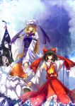 2girls blonde_hair bow brown_eyes detached_sleeves dress eho_(icbm) eyes gap gohei hair_bow hakurei_reimu hat highres kaiho long_hair multiple_girls parasol short_hair slit_pupils touhou umbrella yakumo_yukari yellow_eyes