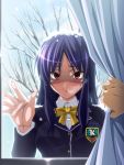  blazer blush bowtie chozuro chozuru creepy curtains empty_eyes konami long_hair ookura_miyako pov purple_hair red_eyes school_uniform smile snow stalking tokimeki_memorial tokimeki_memorial_4 tree window yandere 