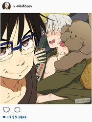  2boys black_hair blue-framed_eyewear bottle brown_eyes closed_eyes dog drooling eugenio2nd face_licking fake_screenshot glasses instagram jewelry katsuki_yuuri licking makkachin male_focus multiple_boys ring self_shot silver_hair sleeping smile tongue tongue_out viktor_nikiforov yuri!!!_on_ice 