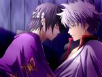  2boys butterfly eye_contact gintama japanese_clothes male purple_hair sakata_gintoki shinsaku_takasugi short_hair 