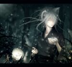  animal_ears artist_request bad_id forest fox_ears fox_tail glowing hair_over_one_eye japanese_clothes kimono kurui lamp male messy_hair multiple_tails nature night short_hair silver_hair snow solo source_request tail tree yukata 