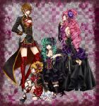  708 alternate_hairstyle bad_id blue_eyes boots brown_hair corset drill_hair gothic green_hair hair_ornament hand_on_hip hat hatsune_miku high_heels highres kagamine_rin long_hair megurine_luka meiko mini_top_hat multiple_girls pink_hair ryuuno_naku_hakoniwa_yori_(vocaloid) shoes short_hair thigh_boots thighhighs top_hat vocaloid 