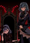  alternate_costume arm_support aya.m braid cupping_glass eyelashes fang gothic highres izayoi_sakuya lipstick multiple_girls nail_polish red_eyes remilia_scarlet short_hair silver_hair sitting smirk standing touhou twin_braids 