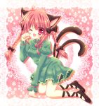  bow braid cat_ears cat_pose cat_tail fang hair_bow kaenbyou_rin long_hair momokumioto momomiya_mion multiple_tails open_mouth open_shirt paw_pose red_eyes red_hair redhead solo tail touhou twin_braids wink 